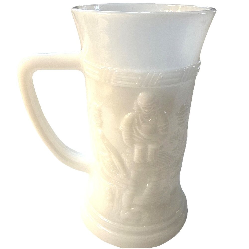 White Federal Milk Glass Vintage Stein Beer Mug Embossed Tavern Bar Pub Scene - Picture 5 of 8